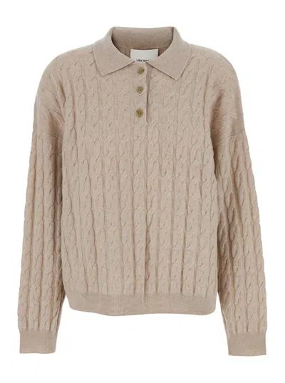 Lisa Yang 'magnolie' Beige Cable Knit Polo Shirt-style Sweater With Classic Collar In Cashmere Woman In Neutral