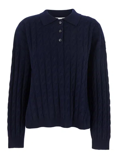 Lisa Yang Magnolie Blue Cable Knit Polo Shirt-style Sweater With Classic Collar In Cashmere Woman
