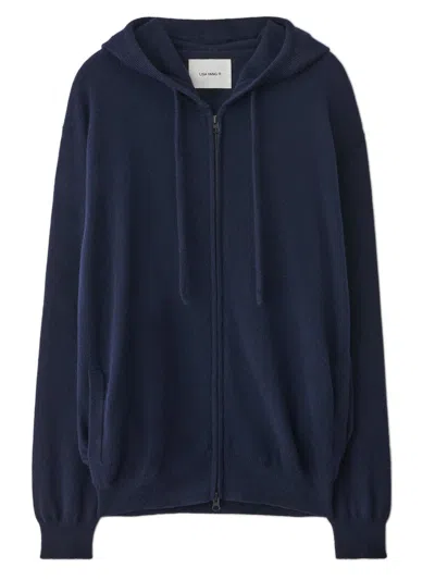 Lisa Yang Men's Cashmere Front Two-way Zip Hoodie With Drawstring Hood And Ribbed Hems In Blu
