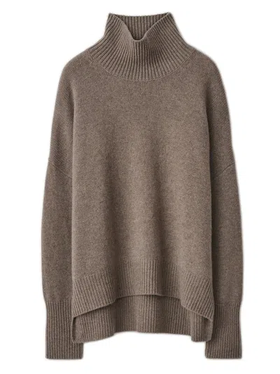 Lisa Yang Ribbed Trim Cashmere High-neck Sweater With Drop Shoulders And High-low Hem In Brown