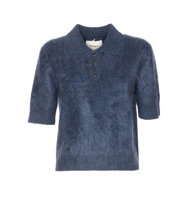 Lisa Yang Knitwear Polo Collar Short Sleeve Top In Blue