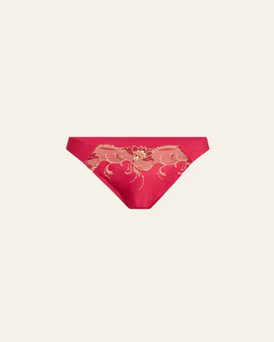 Lise Charmel Eblouissante Icone Embroidered Satin Thong In Or Rubis
