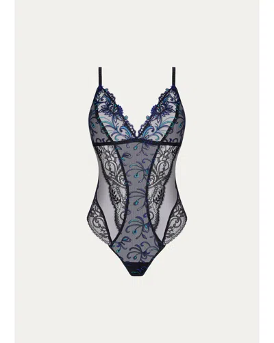 Lise Charmel Embroidered Lace & Tulle Bodysuit In Eclat Saphir