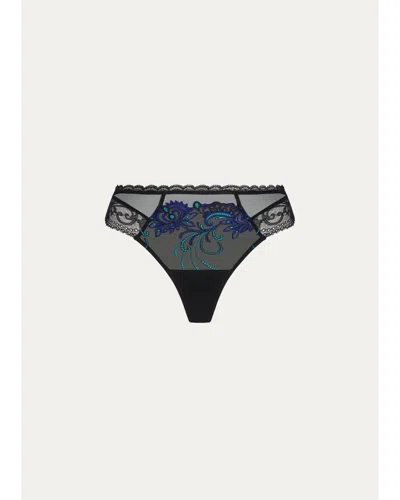 Lise Charmel Embroidered Lace & Tulle Thong In Eclat Saphir
