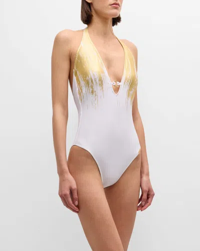 Lise Charmel Feuille D'or Non-wire Seduction Halter One-piece Swimsuit In Ob/or Sur Blanc