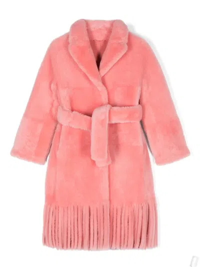 Liska Kids' Fringed Belted Coat In Pink