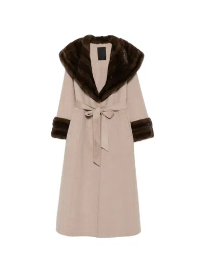 Liska Fur-trim Belted Coat In Neutral