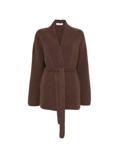 Liska Ribbed Belted Cardigan In Brown