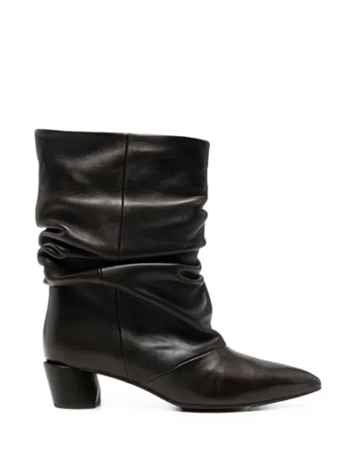 Liska Ruched Leather Boots In Brown