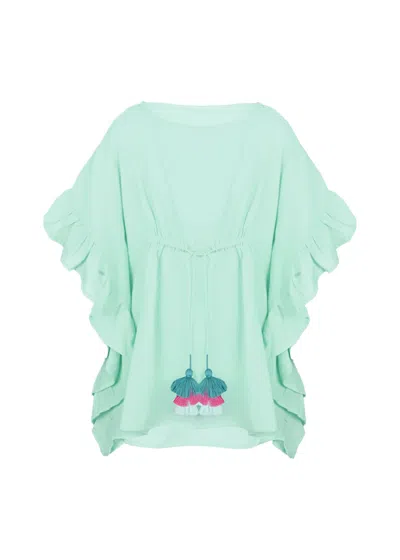 Lison Paris Caftan For Girls Cotton Gauze With Pompoms Aqua