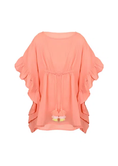 Lison Paris Caftan For Girls Cotton Gauze With Pompoms Neon Coral