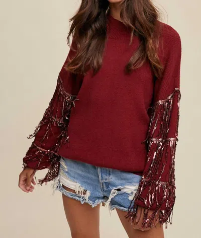 Listicle All Is Bright Fringe Sequin Sweater In Wine In Red