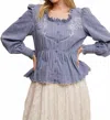 Listicle Belle Embroidered Ruffle Blouse In Dusty Blue In Blue