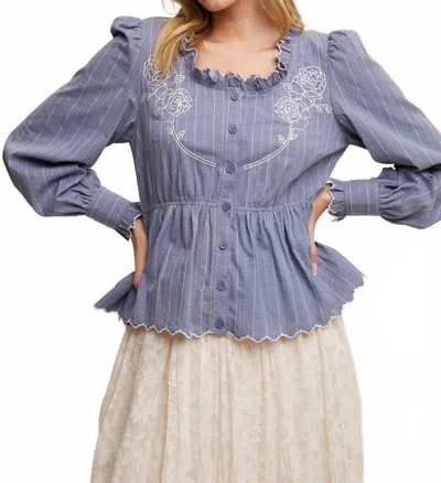 Listicle Belle Embroidered Ruffle Blouse In Dusty Blue