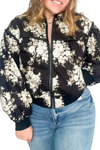 Listicle Blake Quilted Floral Print Bomber Jacket In Black