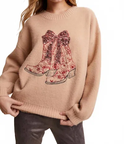 Listicle Cowboy Boots Sweater In Khaki In Neutral