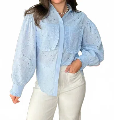 Listicle Carolina Charm Eyelet Button Down Top In Light Blue