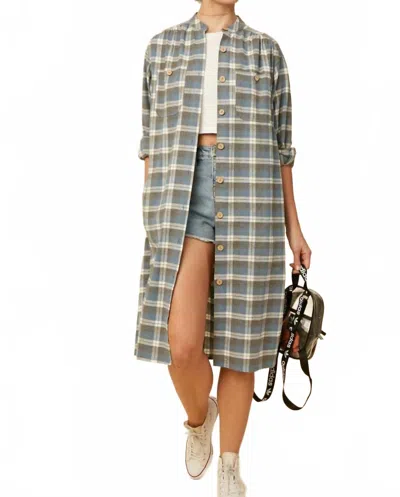 Listicle Charlie Plaid Flannel Shirt Dress In Blue/lime In Gray