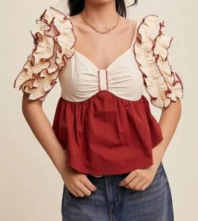 Listicle Color Block Ruffle Top In Crimson In Pink