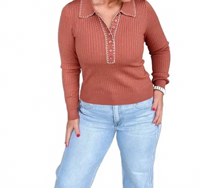 Listicle Contrast Stitch Collared Top In Terracotta In Brown