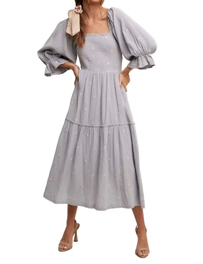 Listicle Ditzy Floral Embroidery Puff Sleeve Maxi Dress In Steel Blue