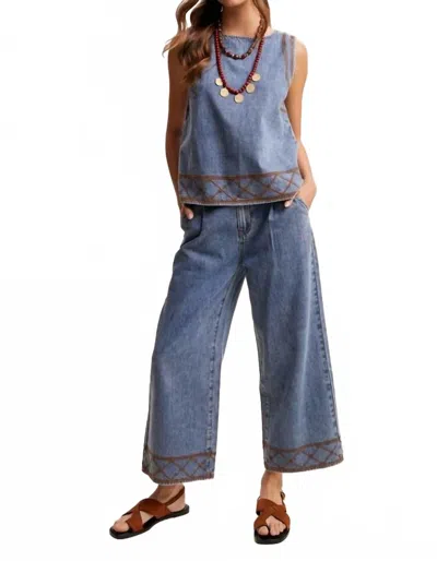 Listicle Embroidered Denim Tank & Wide Leg Pant Set In Drift Blue