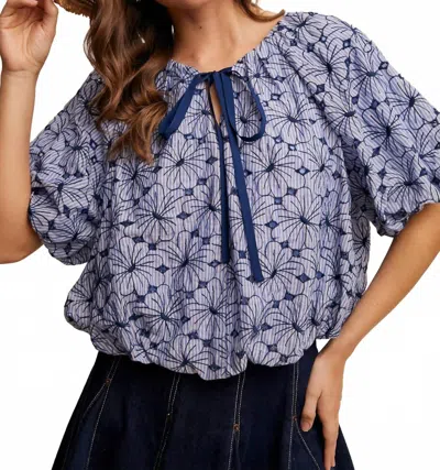 Listicle Embroidered Floral Balloon Top In Blue In Pattern