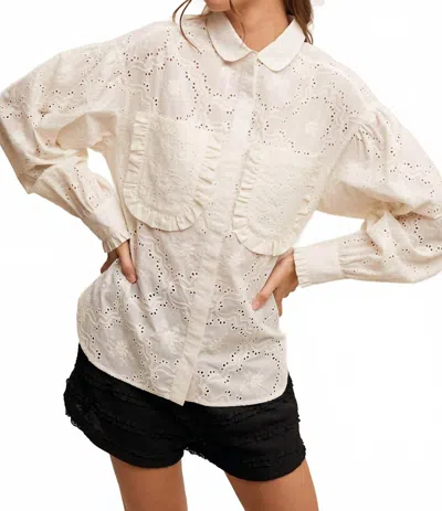 Listicle Eyelet Ruffle Pocket Button-up Blouse In White In Neutral