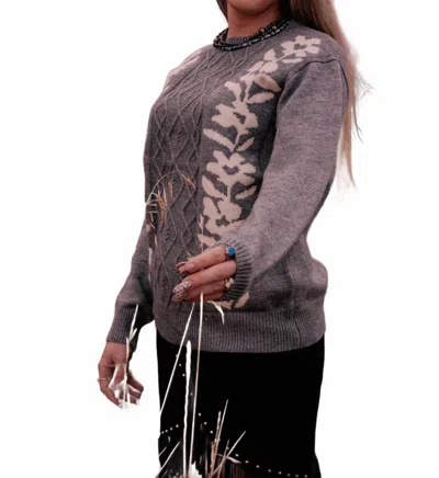 Listicle Floral Cable Knit Sweater In Grey In Brown