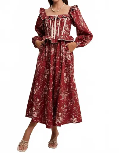 Listicle Floral Corset Ruffle Midi Dress In Crimson In Purple