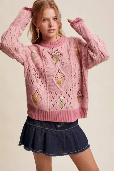 Listicle Embroidered Flower Detail Checkered Knit Sweater In Blush Pink