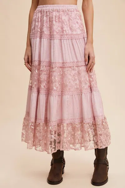 Listicle Floral Embroidered Tiered Maxi Skirt In Pink