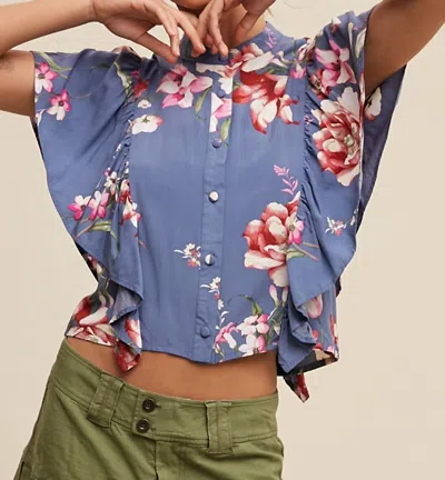 Listicle Floral Flutter Sleeve Blouse In Denim In Multi