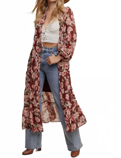 Listicle Floral Midi Kimono Dress In Blush & Bordeaux In Multi