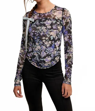 Listicle Floral Print Mesh Fitted Long Sleeve Top In Black In Multi