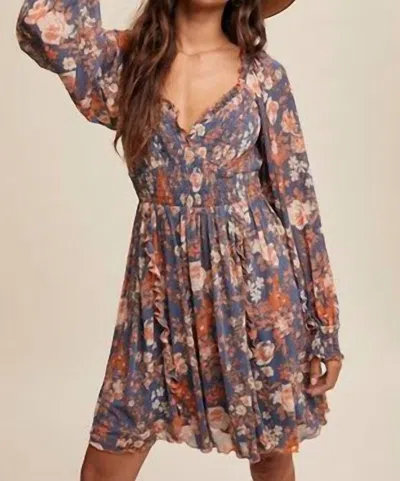 Listicle Floral Print Smocked Long Sleeve Dress In Blue In Multi