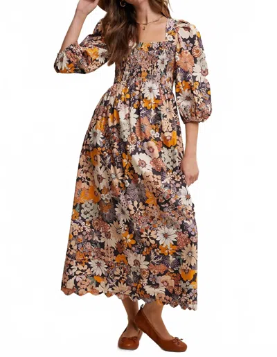 Listicle Floral Smocked Puff Sleeve Maxi Dress In Charcoal Multi