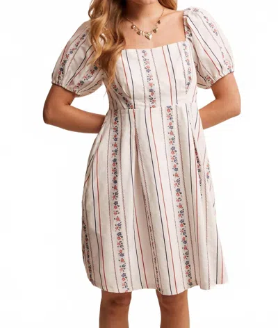 Listicle Floral Stripe Square Neck Puff Sleeve Dress In Off-white