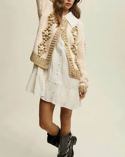 Listicle Flower Detail Tufted Dot Hand Crochet Cardigan In Taupe In Grey