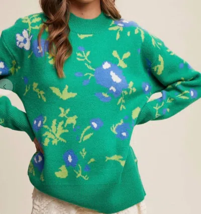 Listicle Flower Pattern Pullover Knit Sweater In Green
