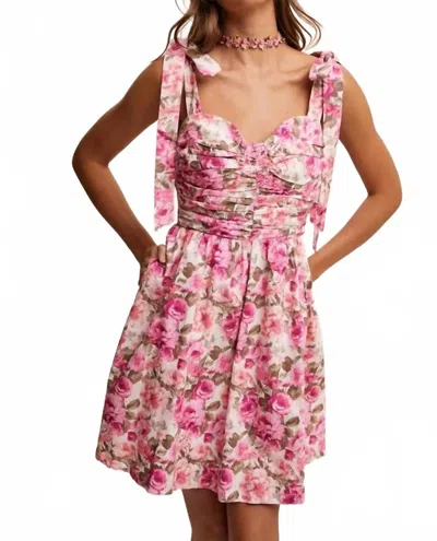 Listicle Flower Print Bustier Tie Shoulder Dress In Mulberry In Red