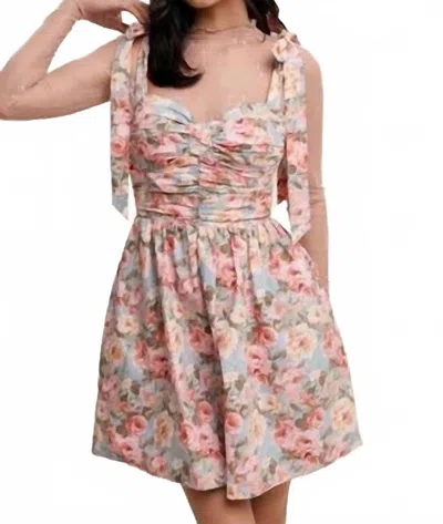 Listicle Flower Print Bustier Tie Shoulder Dress In Vintage Blue