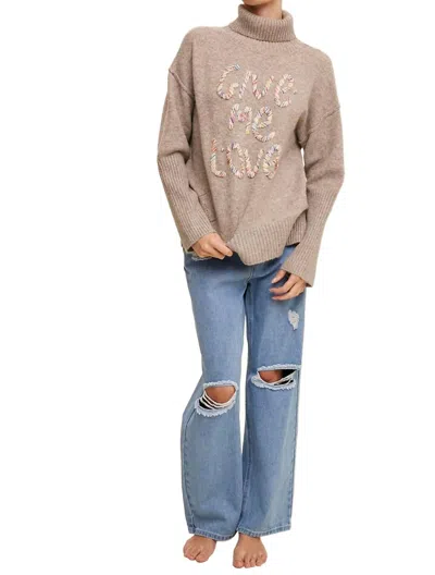 Listicle Give Me Love Stitched Mock Neck Sweater In Taupe In Grey