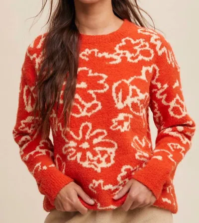Listicle Hand Drawn Flowers Fuzzy Sweater In Orange