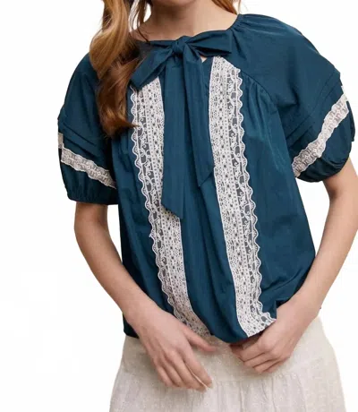 Listicle Isla Lace Bow Blouse In Teal In Blue