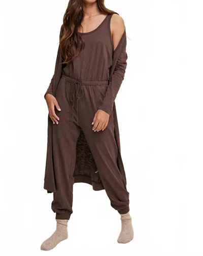 Listicle Jumpsuit And Long Cardigan Set In Mocha In Brown
