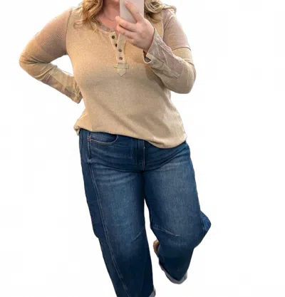 Listicle Keep It On Long Sleeve Button Down Top In Taupe In Brown