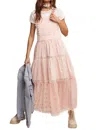 Listicle Laced And Tiered Romantic Overall Maxi Dress In Peach Amber In Multi
