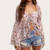 Listicle Leaf Print Bell Sleeve Top In Brown Multi In Brown
