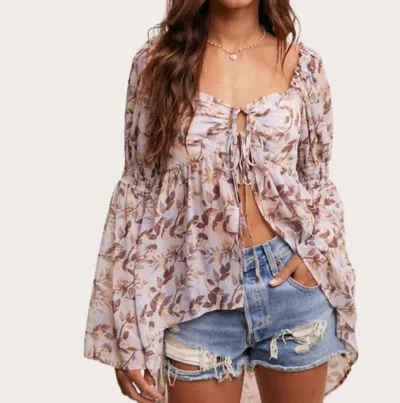 Listicle Leaf Print Bell Sleeve Top In Brown Multi